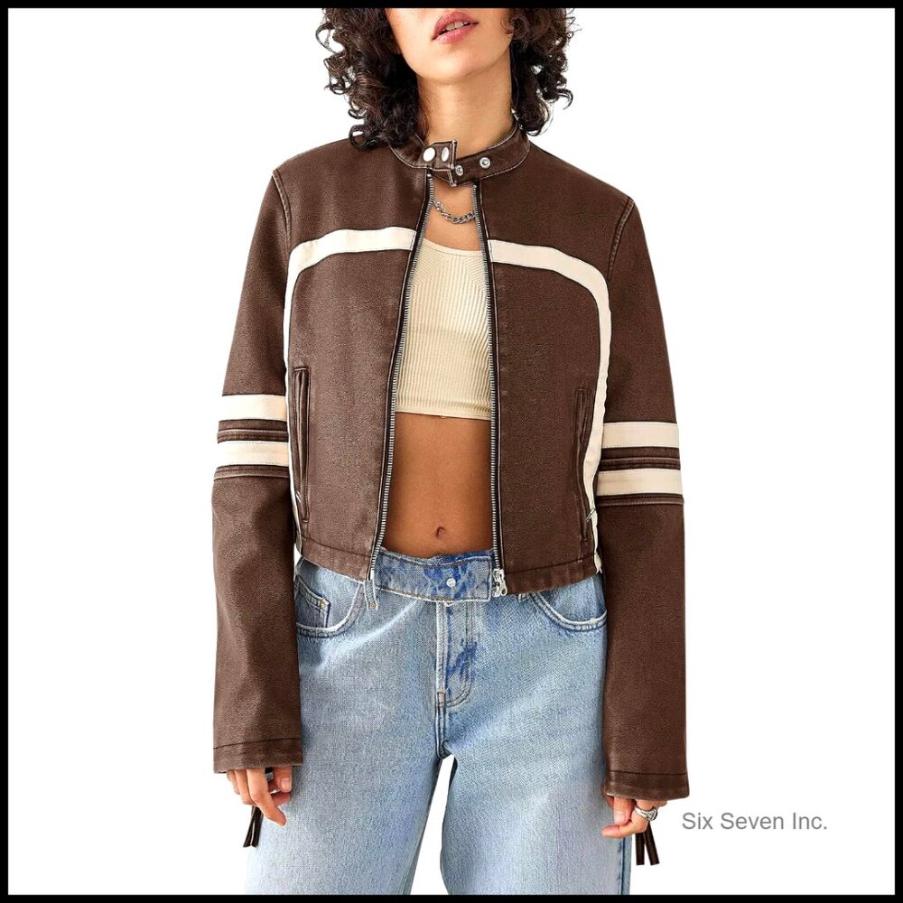 Faux Leather Cropped Moto Jacket With Zip Closure And Side Pockets